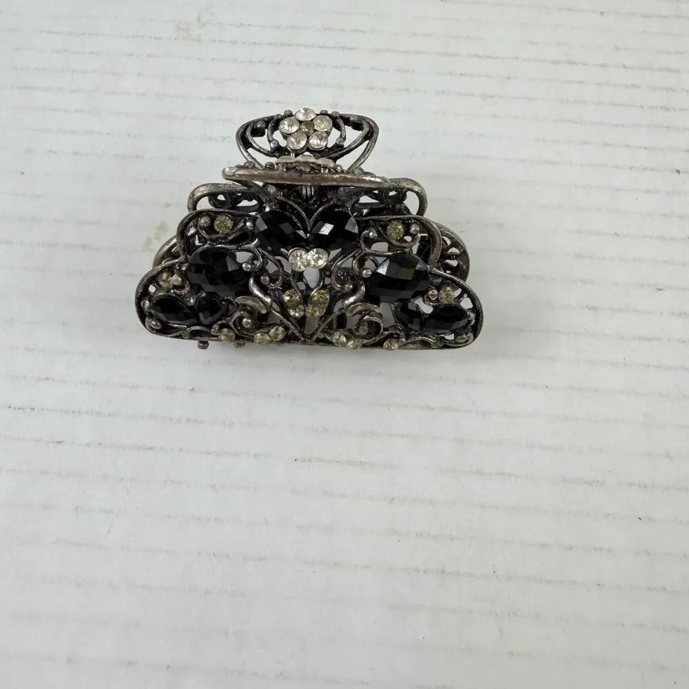 Vintage Pewter Rhinestone Hair Clip Barrette
